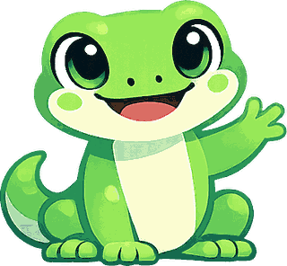 Lumi, Aluma's gecko mascot, waving