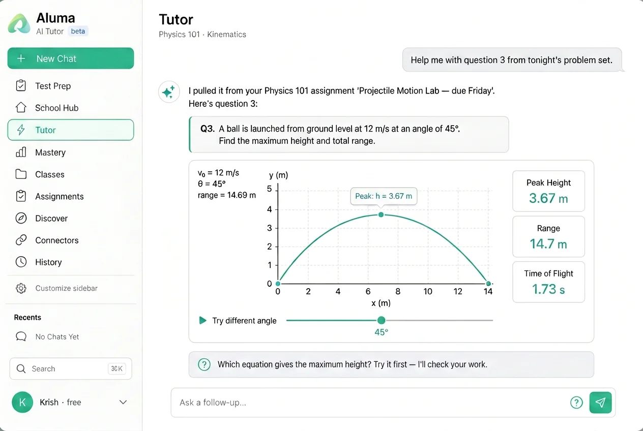 Aluma AI tutor coaching a student through a physics problem